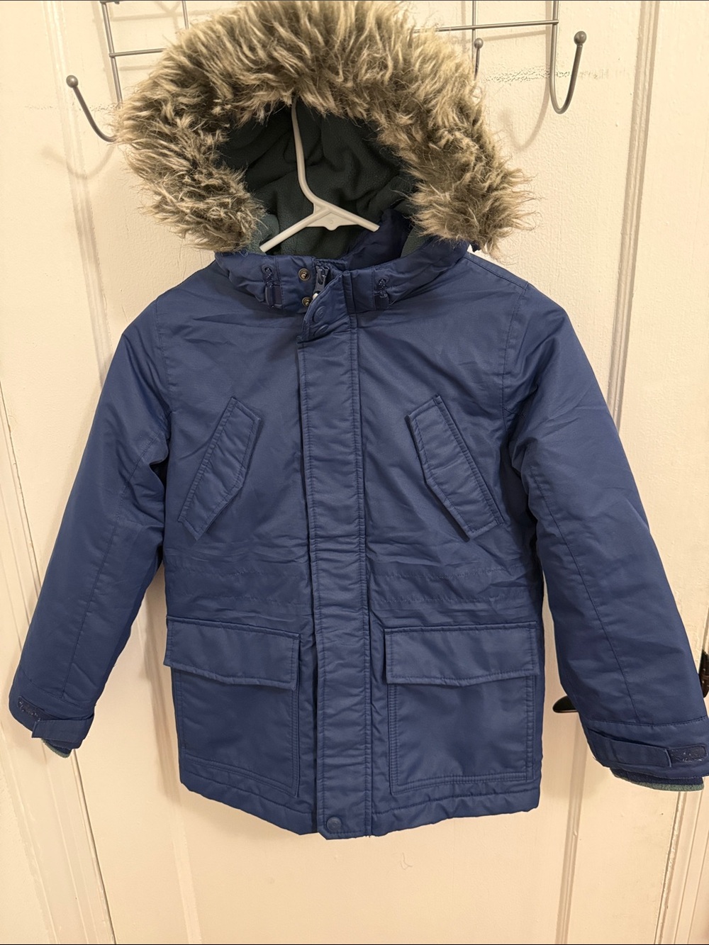 Boden Navy Blue Hooded Puffer Coat with Faux-Fur Trim